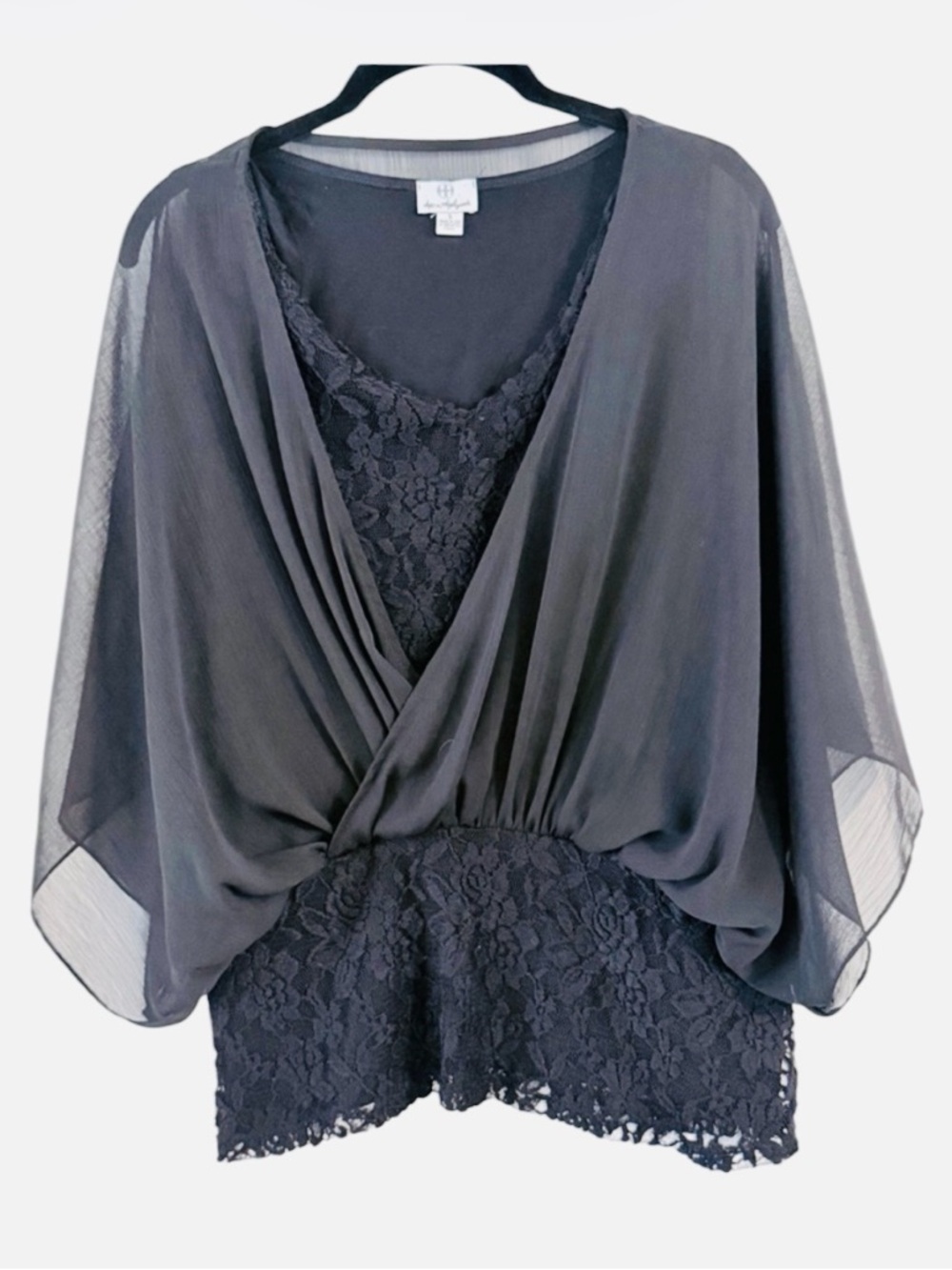 Hot in Hollywood Black Chiffon & Lace Draped Top Size S